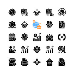 Business management black glyph icons set on white space. Marketing and sales. Corporate finance. Company growth and improvement. Silhouette symbols. Solid pictogram pack. Vector isolated illustration