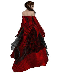 Elven Princess in Red Dress, Back View, 3d digitally rendered fantasy illustration