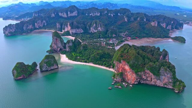 Railey beach in Krabi Thailand aerial view. Exotic tropical nature