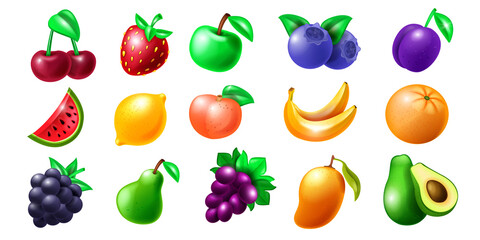 Casino slot fruit vector icon set, gambling machine cherry Vegas illustration kit, pear, glossy strawberry. Food 3D cartoon clipart isolated on white, blueberry, mango, UI shiny symbol. Slot fruit