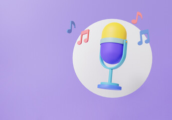 Retro microphone floating on purple background, musical studio karaoke concept. Minimal cartoon cute smooth. 3d rendering illustration