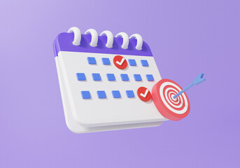 Calendar icon symbol and archer target planning business financial with alert. minimal cartoon design. Day month year time concept on purple background. 3d render illustration