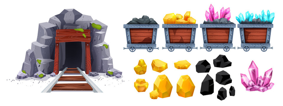 Gold mine cart set, vector old diamond wagon kit, full coil trolley, nugget truck, diamond crystal stone. Cave entrance, gray rock, iron rail, game mountain minerals collection. Gold mine treasure