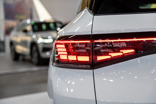 rear LED lights closeup of nev VW ID4 electric SUV, model 2022, stylish exterior design of new car