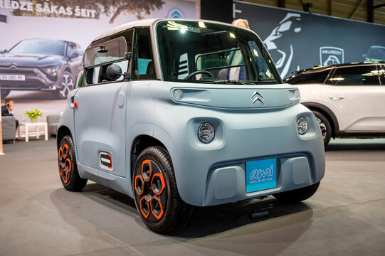 Citroen Ami electric small ev car fun cube on wheels premiere at a motor  show, 2022 model