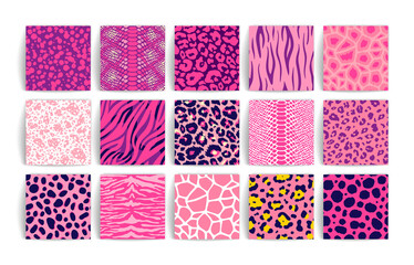 Wild safari animal seamless pattern pink collection. Vector leopard, cheetah, tiger, giraffe, zebra, snake skin texture set for fashion print design, fabric, textile, background, wallpaper.