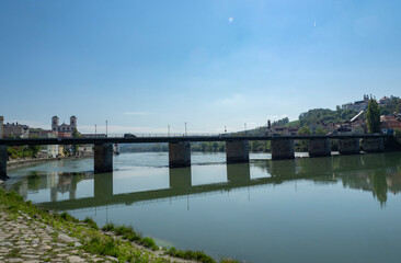 Fototapeta na wymiar View of the city of Passau with the Marienbrucke bridge over the river Inn