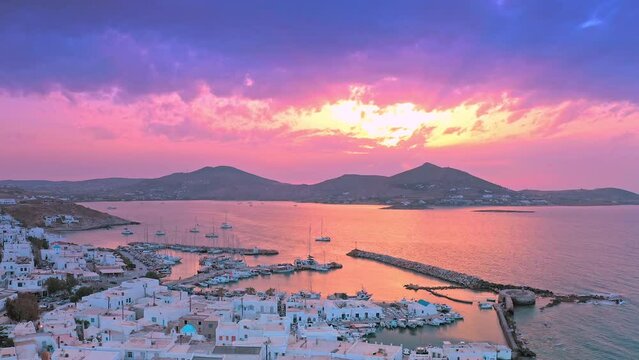 Tranquil sunset scene in Greece. Travel to Paros island for summer vacation