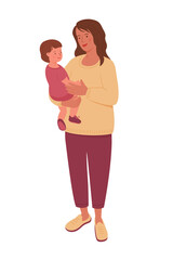 Standing woman holds a child in her arms. Vector color isolated illustration.