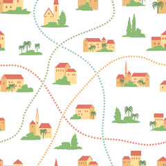 Seamless pattern with old houses and trees. Vector illustration.