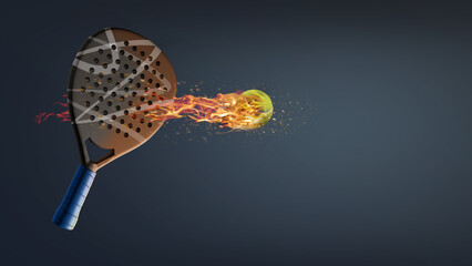 Abstract padel racket with a ball on fire on a dark background
