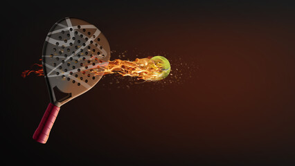 Abstract padel racket with a ball on fire on a dark background