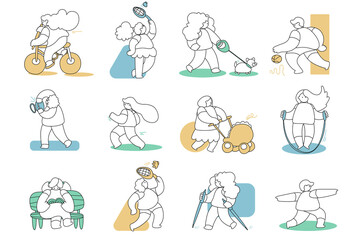 Happy people doing different outdoor activities: running, dog walking, yoga, exercising, sport, cycling, walking with baby carriage. Vector illustration in flat style, healthy lifestyle concept.