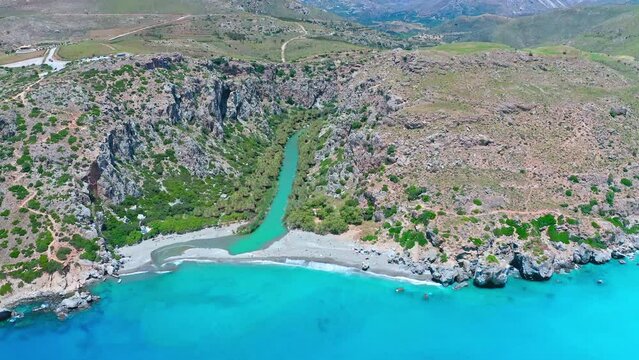 Crete island travel destination famous Preveli beach aerial view