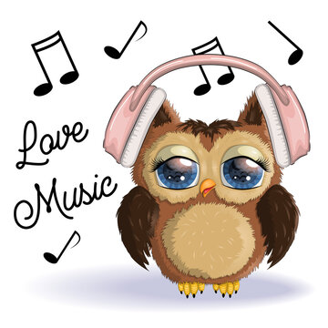 Cute cartoon Owl Girl with headphones and hearts