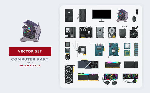 Computer hardware colorful vector illustrations set. Motherboard, SSD, processor, adapter, cooler fan,  power supply, ports and cables, gaming PC collection parts.