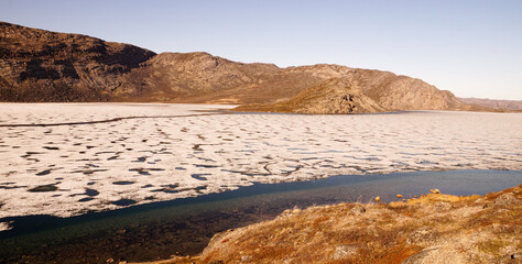 Arctic Circle Trail lake and mountain landscapes between Kangerlussuaq and Sisimiut in Greenland.