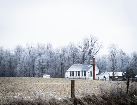 Amish Parochial School In Front Of The Woods With A Barbed Wire Fence In The Foreground | Holmes County, Ohio