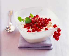 Dessert with currants on mascarpone cream in a bowl