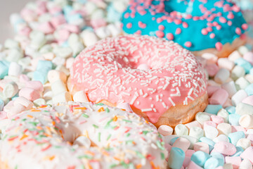 appetizing donuts with marshmallow background