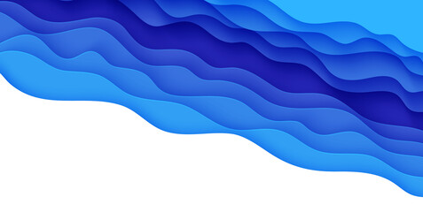 Abstract background with water waves in paper cut style. 3d wallpaper with cut out deep wavy modern cover. Blue color layers with smooth shadow papercut art. Vector illustration, origami shapes