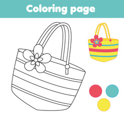 Coloring page with beach tote bag. Drawing kids activity. Printable fun for toddlers and children