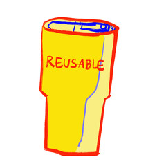 Reusable cup glass Primary color scheme red blue yellow object hand drawn illustration