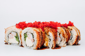sushi rolls fish on a white background. restaurant menu