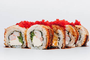 sushi rolls fish on a white background. restaurant menu