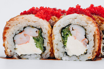 sushi rolls fish on a white background. restaurant menu
