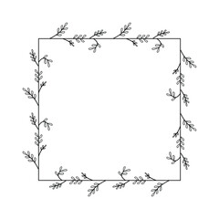 Abstract Black Simple Line Suqare With Leaf Leaves Frame Flowers Doodle Outline Element Vector Design Style Sketch Isolated Illustration For Wedding And Banner