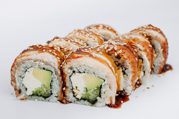 sushi rolls fish on a white background. restaurant menu