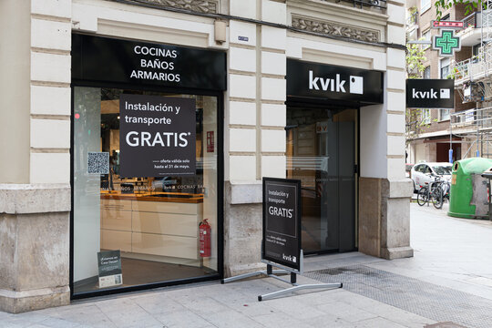 VALENCIA, SPAIN - MAY 05, 2022: Kvik is a Danish company specializing in modern kitchens and bathrooms at low prices