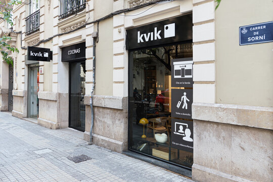 VALENCIA, SPAIN - MAY 05, 2022: Kvik is a Danish company specializing in modern kitchens and bathrooms at low prices