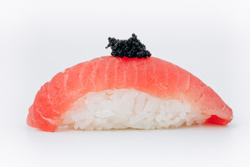 gunkans with tuna and black caviar on a white background