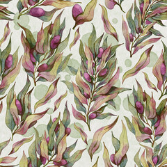 Seamless floral watercolor pattern - leaves, olive and branches composition on background with watercolor drops