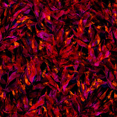 Abstract seamless floral watercolor pattern. Leaves and branches composition on black background