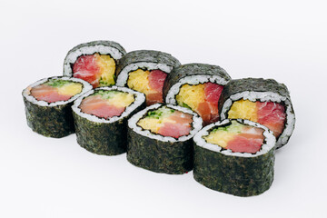sushi rolls fish on a white background. restaurant menu