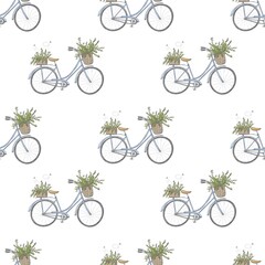 Pattern on a white background vintage blue bicycle with green plants and blue flowers in a basket