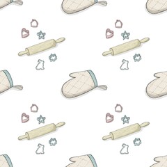 culinary pattern on a white background rolling pin cookie molds potholder on hand
