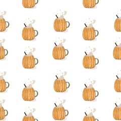 Pattern on a white background orange mug pumpkin with hot drink coy foam and cinnamon stick