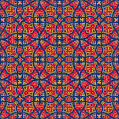 Indian boho summer bandana seamless symmetrical pattern. Versatile masculine red blue scarf print in kaleidoscopic floral ornamental style.