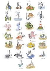 Illustration of the marine English alphabet on a white background marine fish shellfish algae submarine octopus shark schools of fish lighthouse dolphin kelp card in a bottle