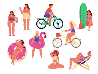 Summer beach cartoon vector illustration with jumping happy young people