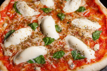 Italian homemade pizza Margherita with fresh mozzarella and basil leaves. 