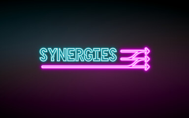 Neon sign saying synergies with arrows symbolizing the synergy next to it, with blue and pink color...
