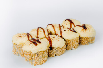 baked sushi rolls on a white background. restaurant menu.