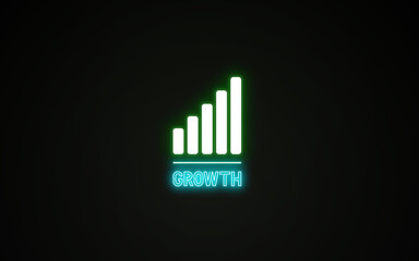 Neon sign saying 'growth' with a bar chart on top of the text to symbolize the growth, in green and white color on a black background. Useful for corporate, consulting or motivational presentations. 