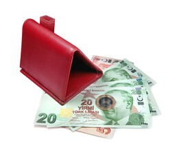 Leather wallet and money in the form of a house on a white background.