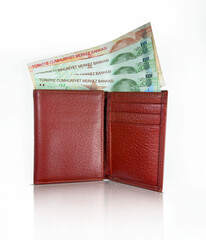 Leather wallet and money on a white background.